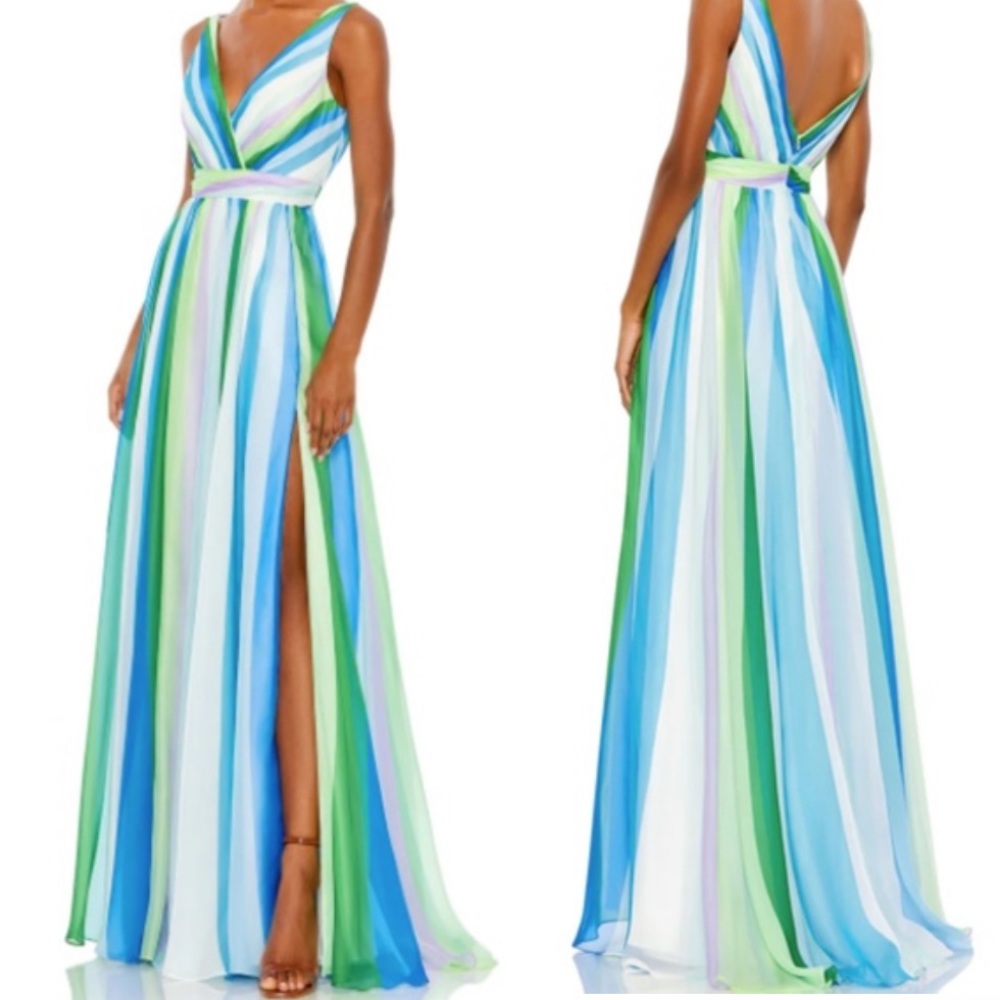 MAC DUGGAL | blue green multicolor stripe plunge maxi gown 4